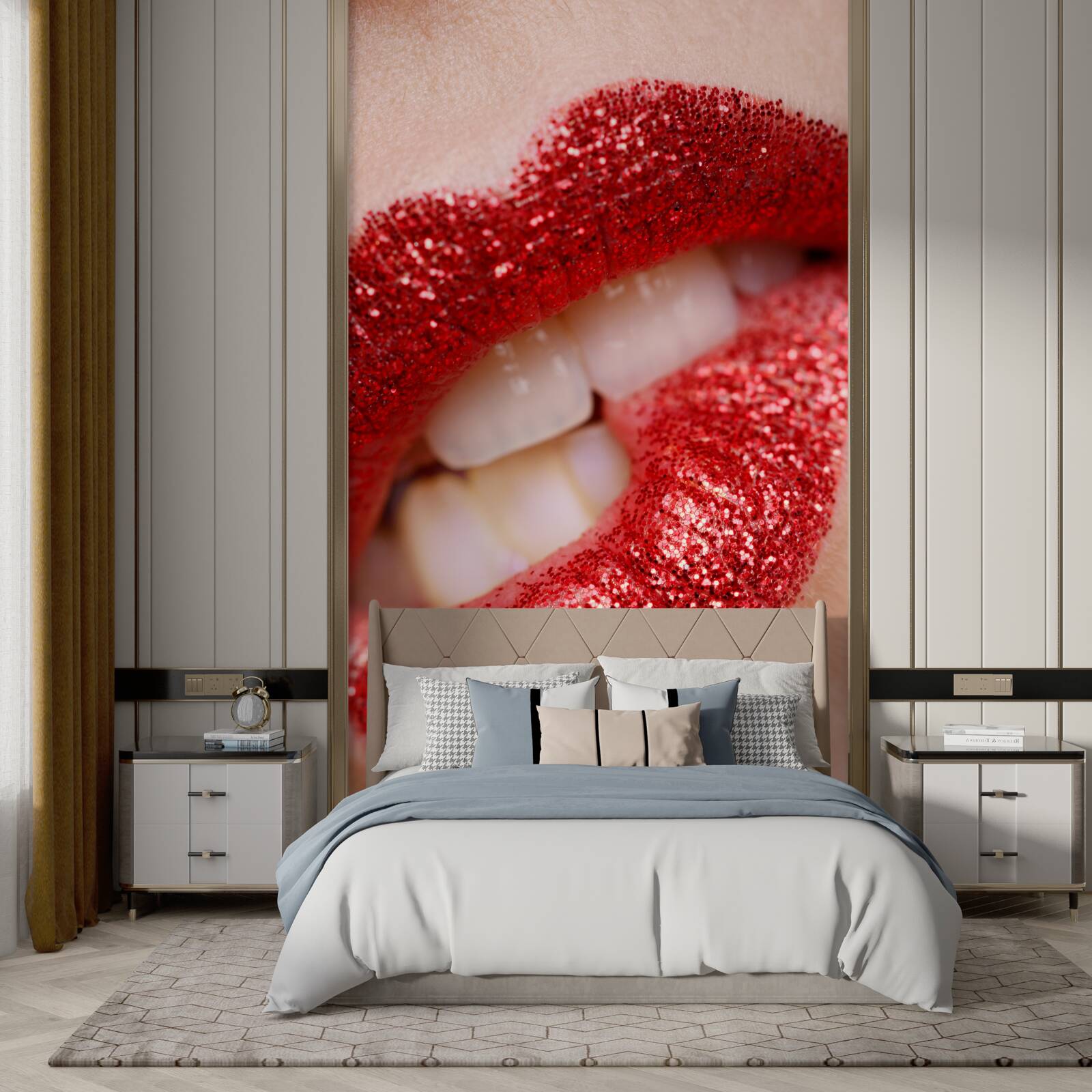 Papier peint lèvres rouges mordorées avec paillettes