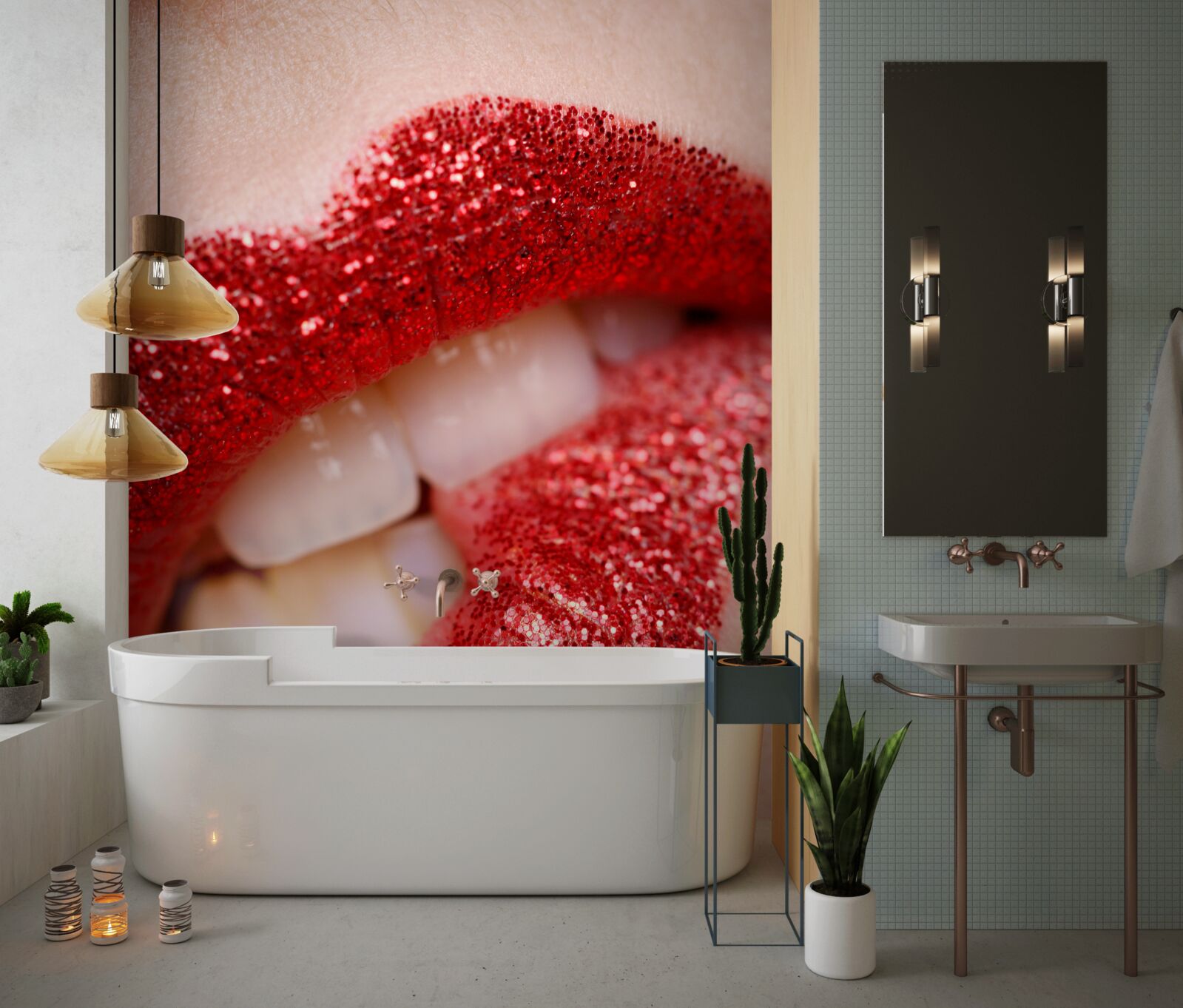 Papier peint lèvres rouges mordorées avec paillettes