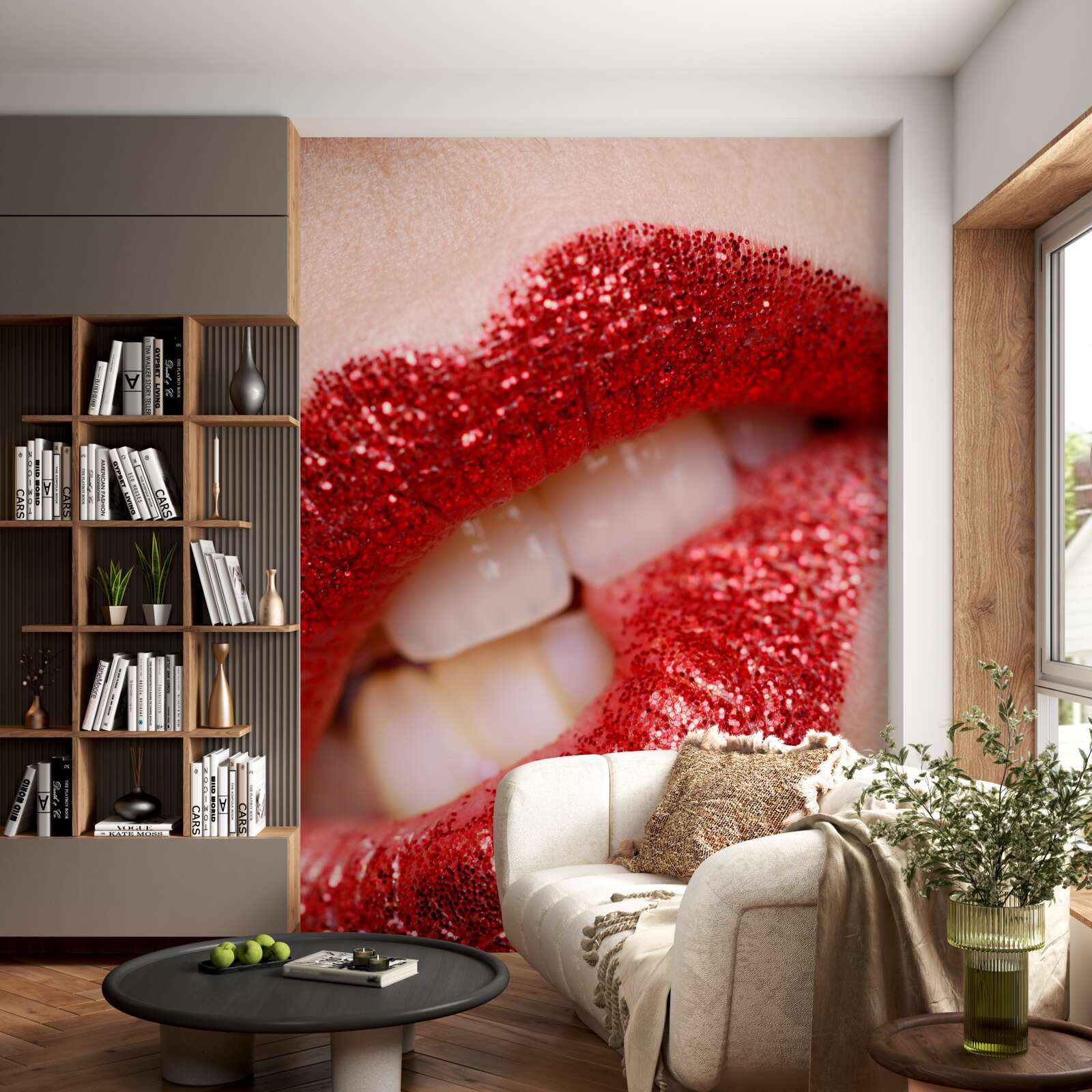 Papier peint lèvres rouges mordorées avec paillettes