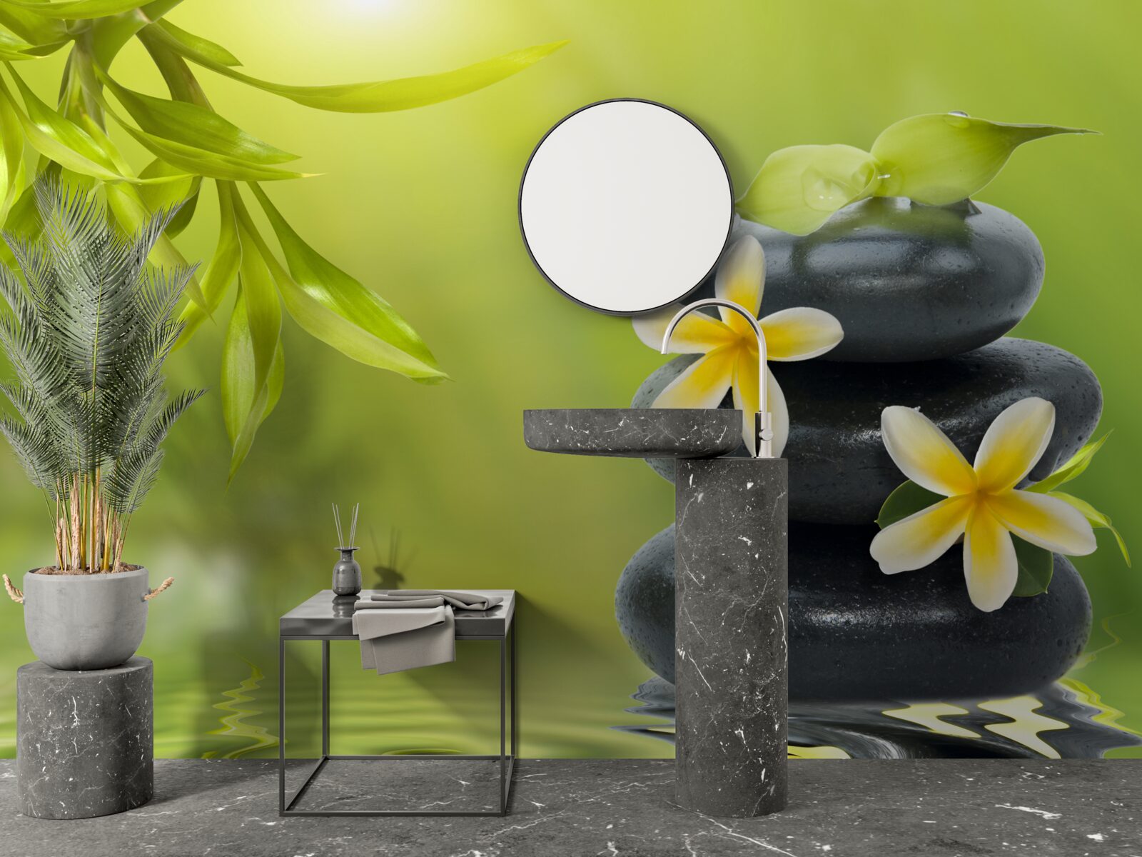 Papier peint Fleurs jaunes sur une pierre sombre au bord de l'eau