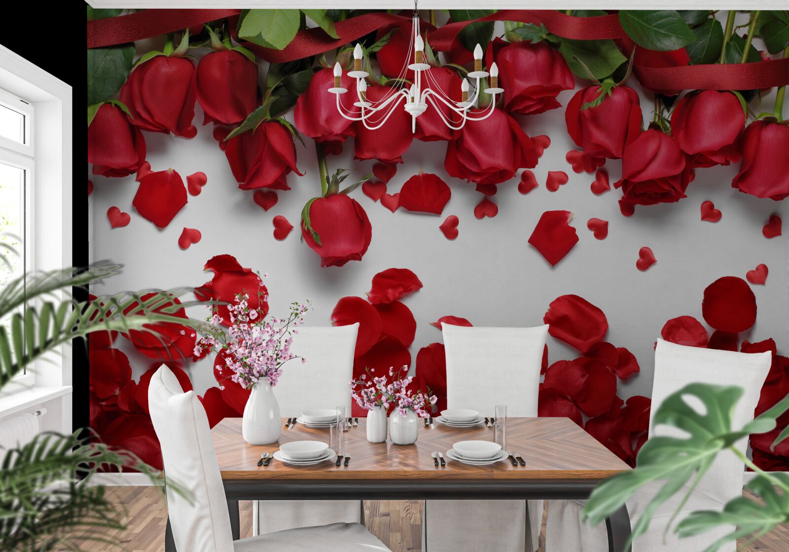 Papier peint les pétales tombent des roses rouges et écarlates