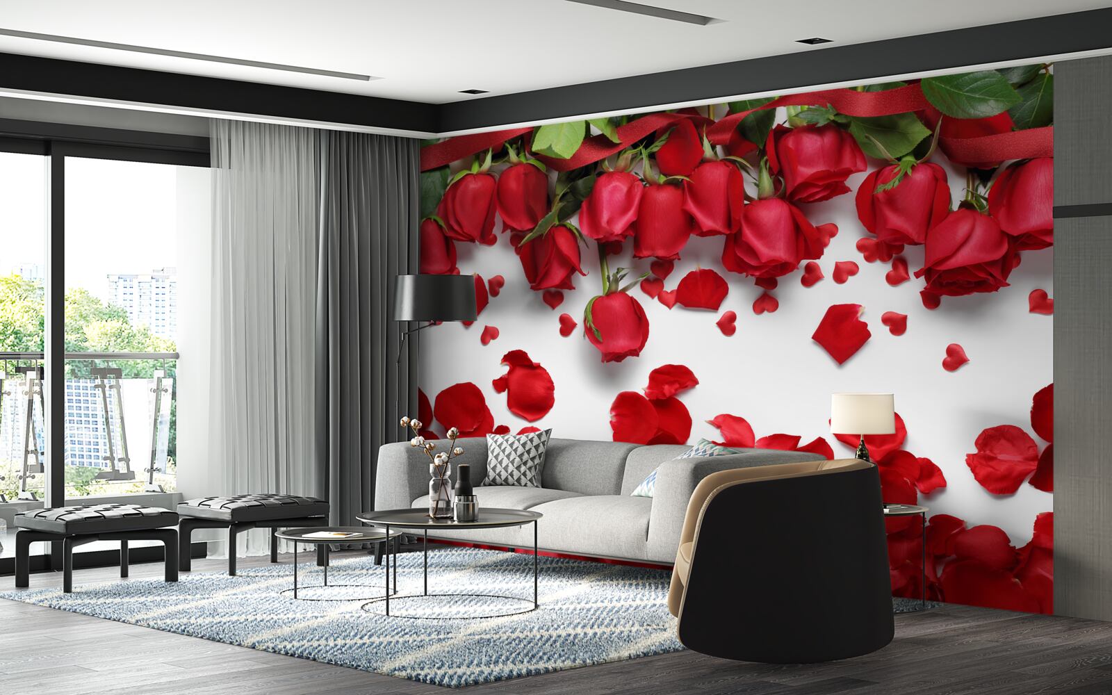 Papier peint les pétales tombent des roses rouges et écarlates