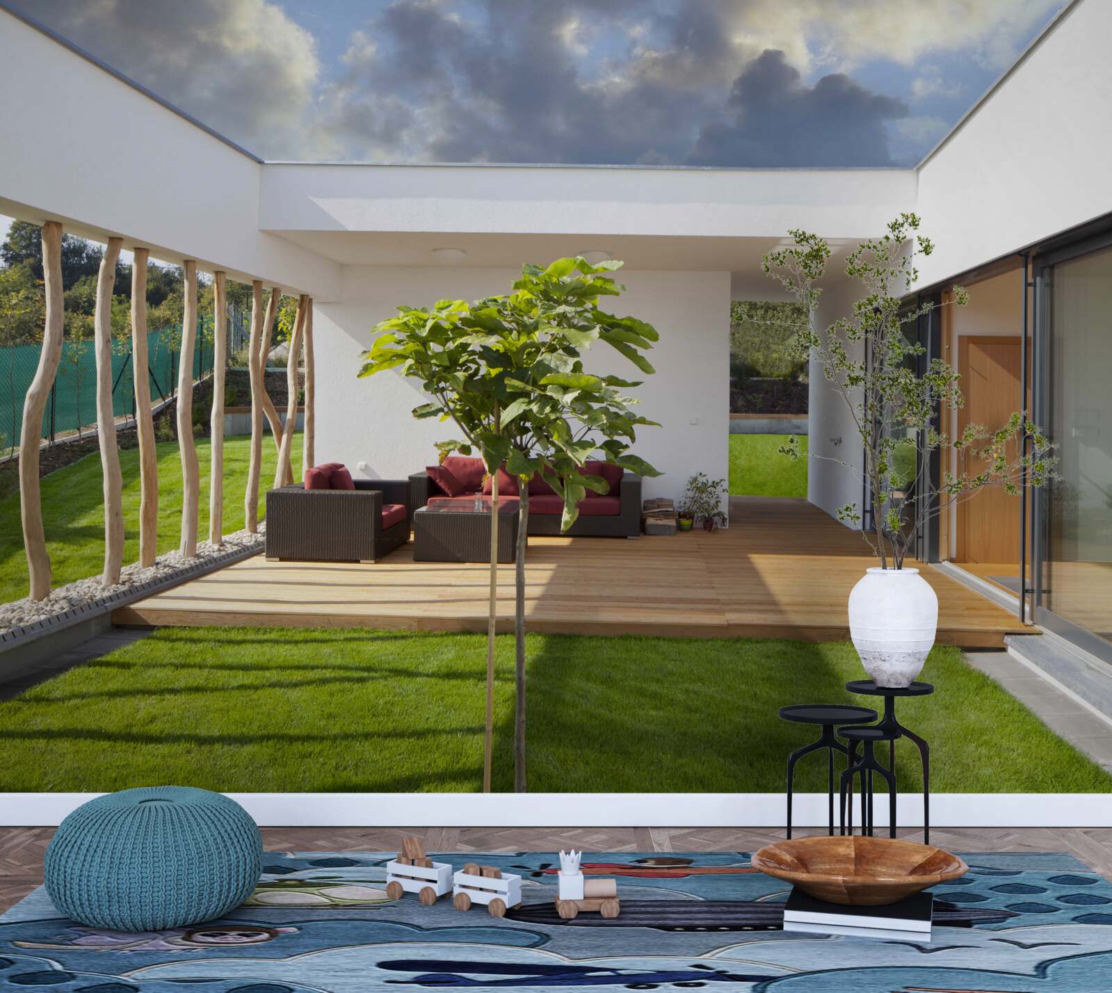 Papier peint aménagement intérieur moderne avec des éléments en bois et des plantes