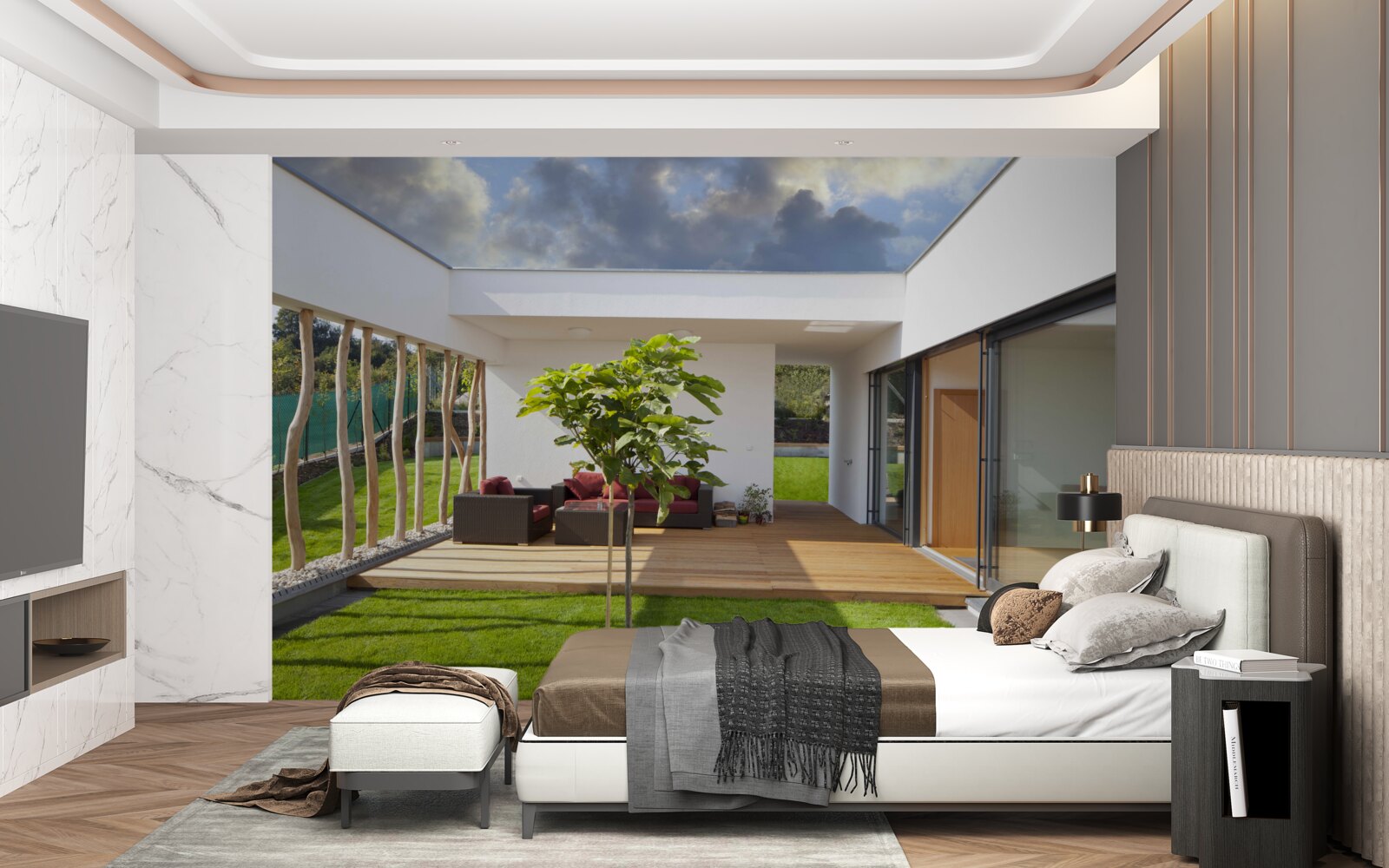 Papier peint aménagement intérieur moderne avec des éléments en bois et des plantes
