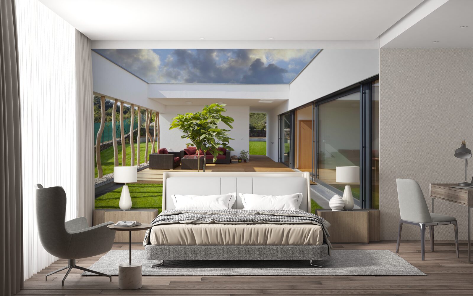 Papier peint aménagement intérieur moderne avec des éléments en bois et des plantes
