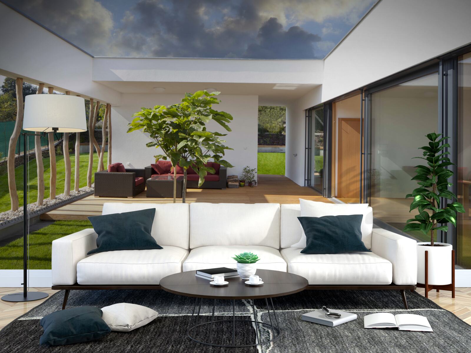 Papier peint aménagement intérieur moderne avec des éléments en bois et des plantes