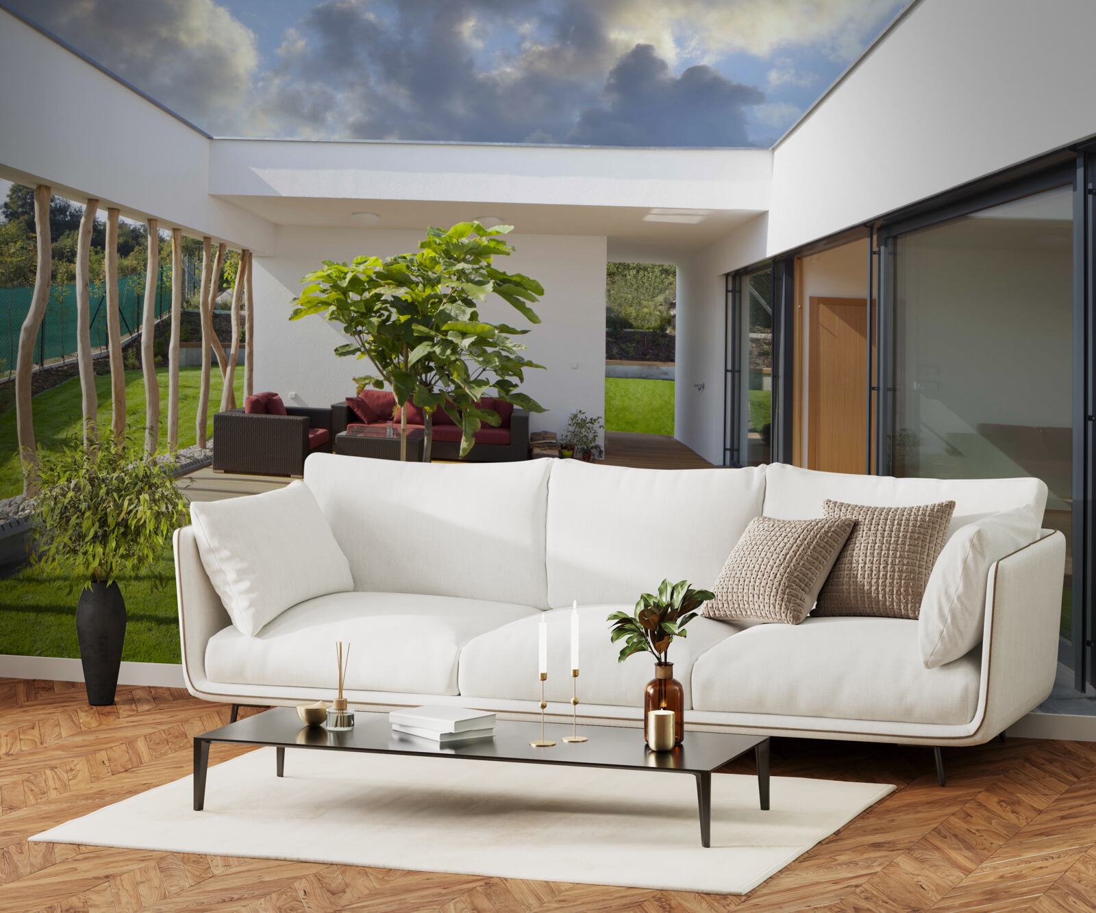Papier peint aménagement intérieur moderne avec des éléments en bois et des plantes