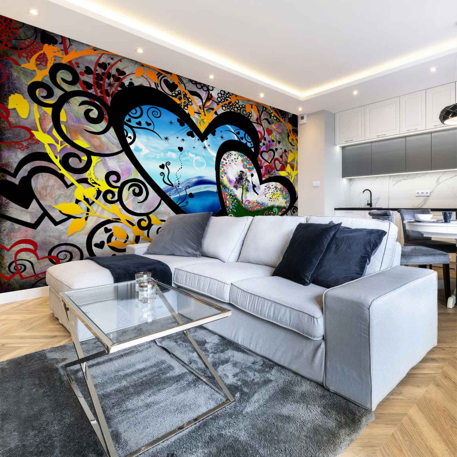 Papier peint cœurs avec décorations à motifs et panoramas pittoresques