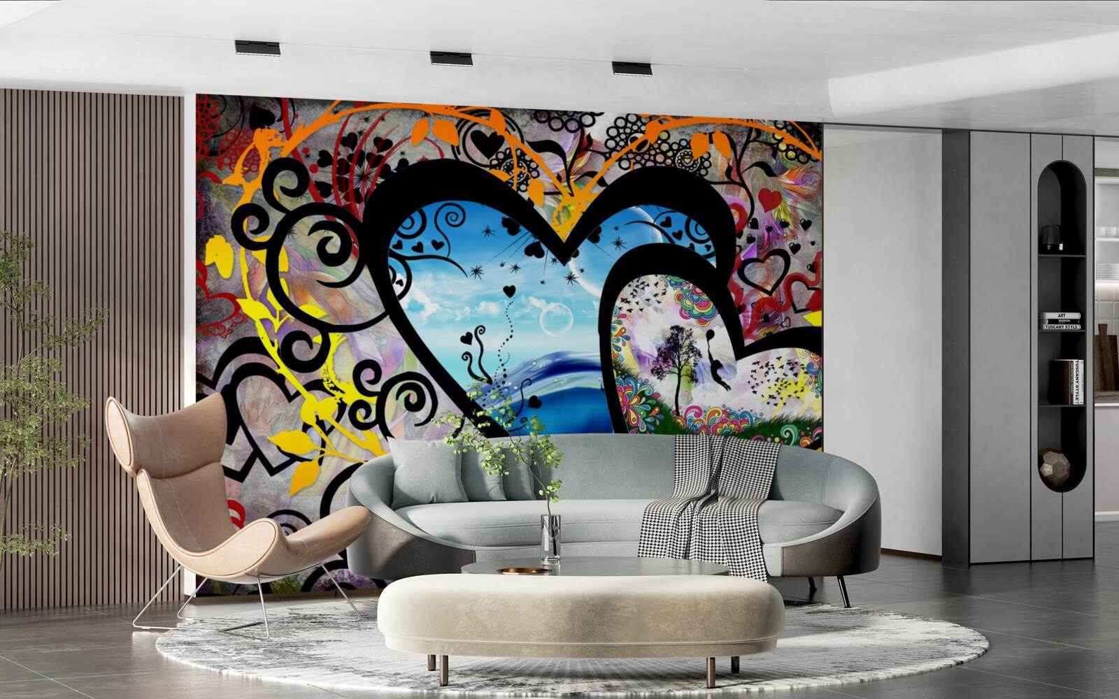 Papier peint cœurs avec décorations à motifs et panoramas pittoresques