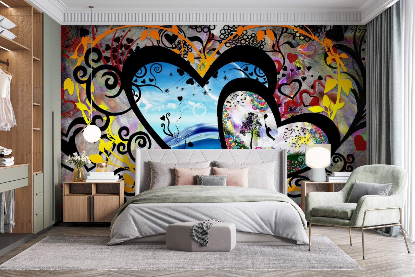 Papier peint cœurs avec décorations à motifs et panoramas pittoresques
