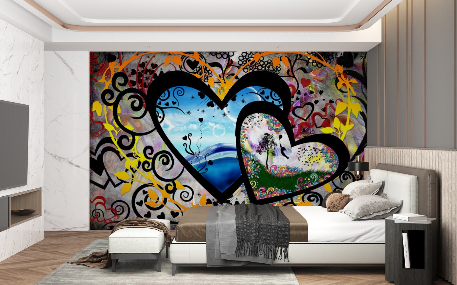 Papier peint cœurs avec décorations à motifs et panoramas pittoresques