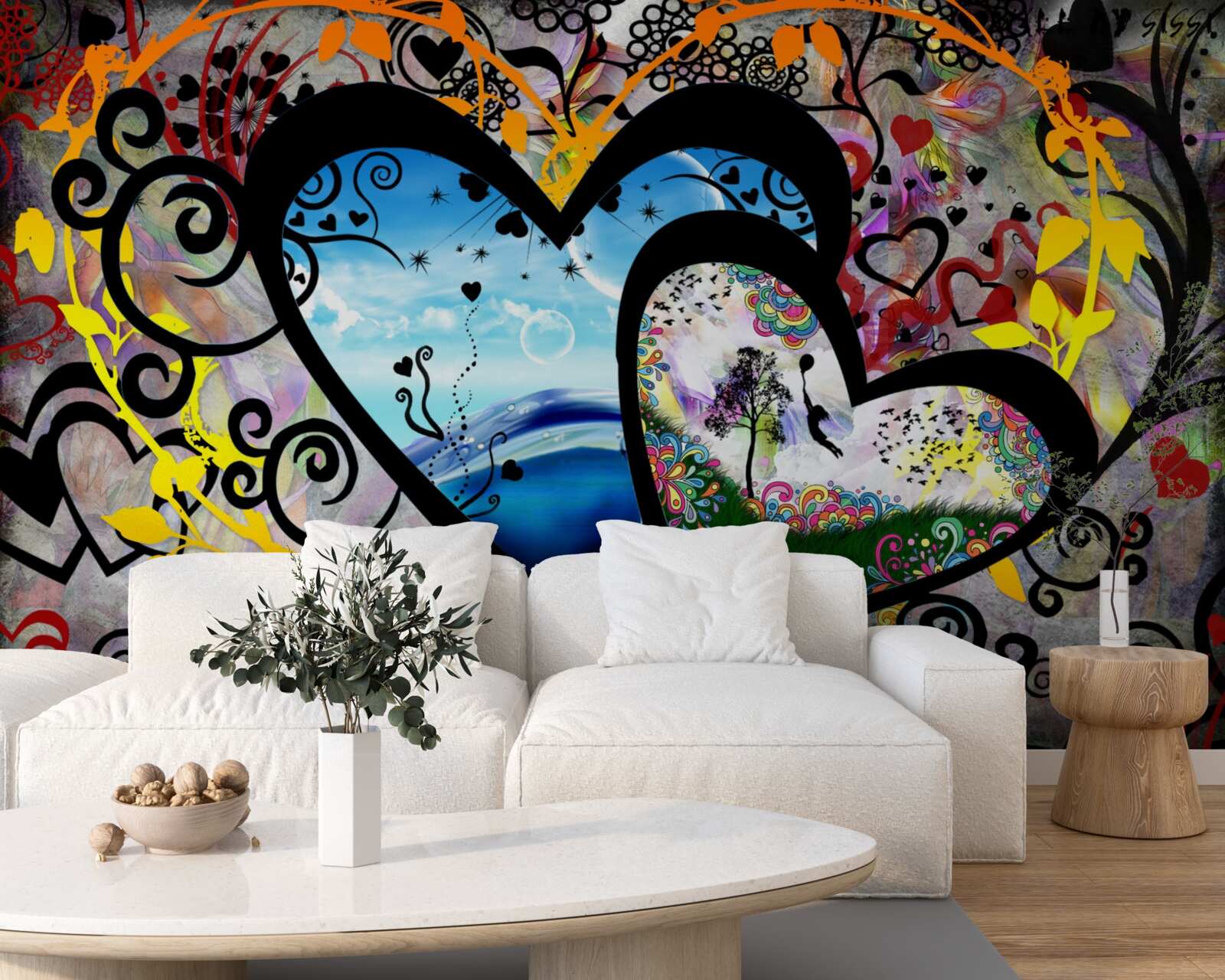 Papier peint cœurs avec décorations à motifs et panoramas pittoresques