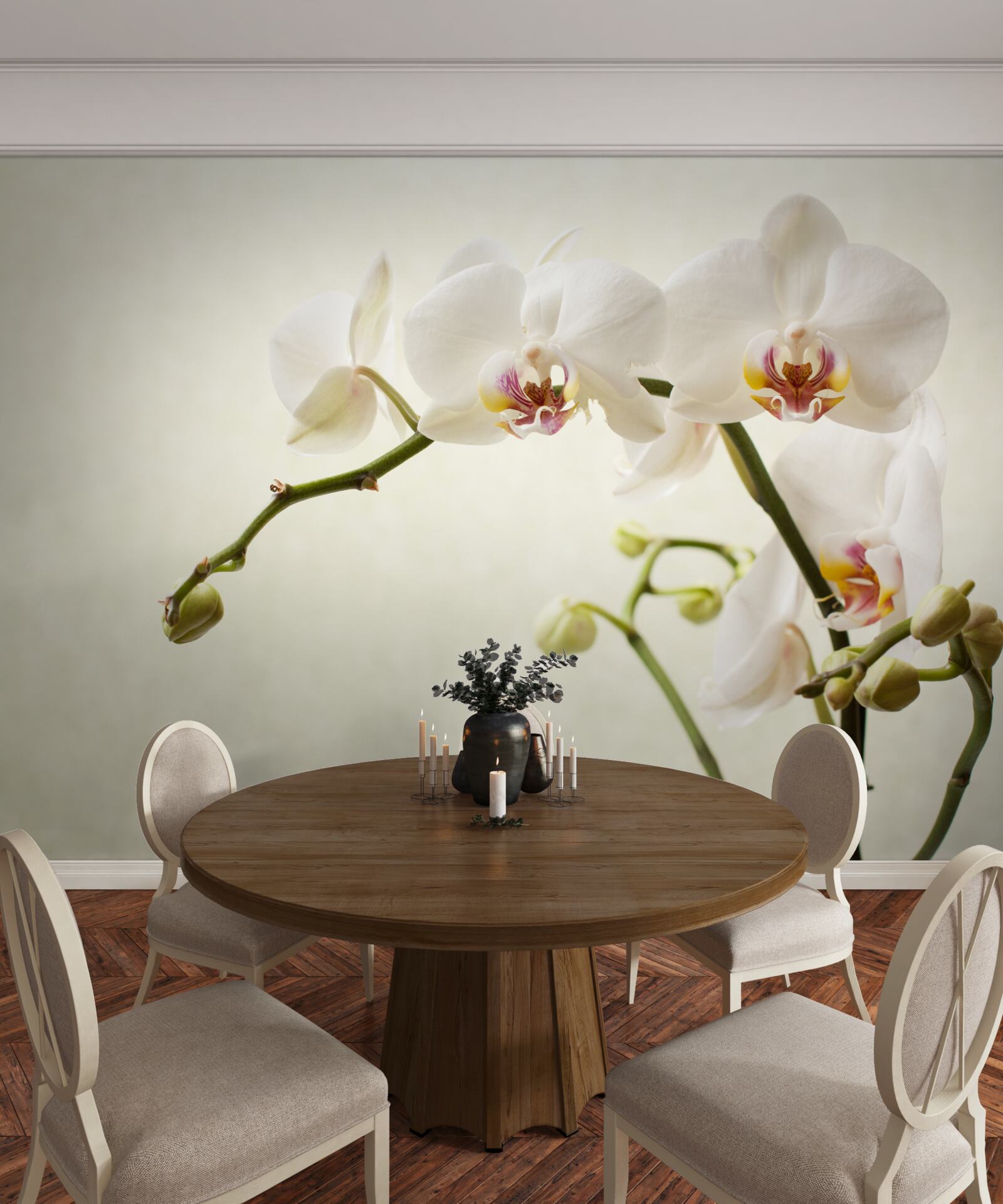Papier peint branches d'orchidées blanches sur fond clair