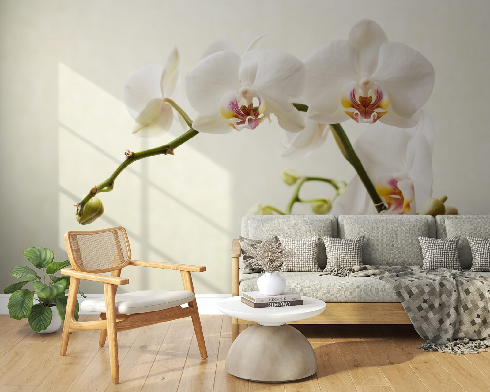Papier peint branches d'orchidées blanches sur fond clair