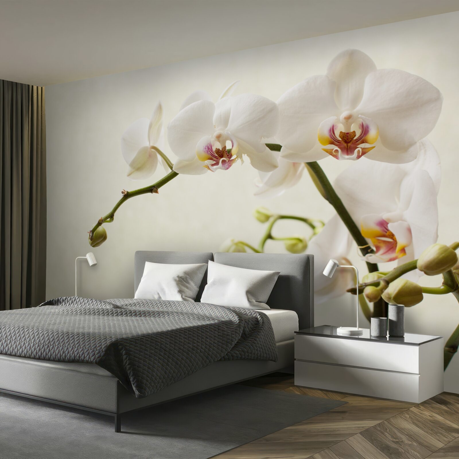 Papier peint branches d'orchidées blanches sur fond clair
