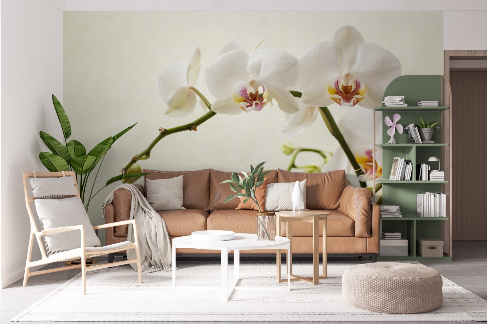 Papier peint branches d'orchidées blanches sur fond clair
