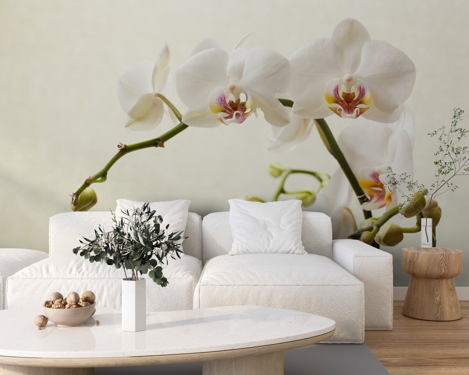 Papier peint branches d'orchidées blanches sur fond clair