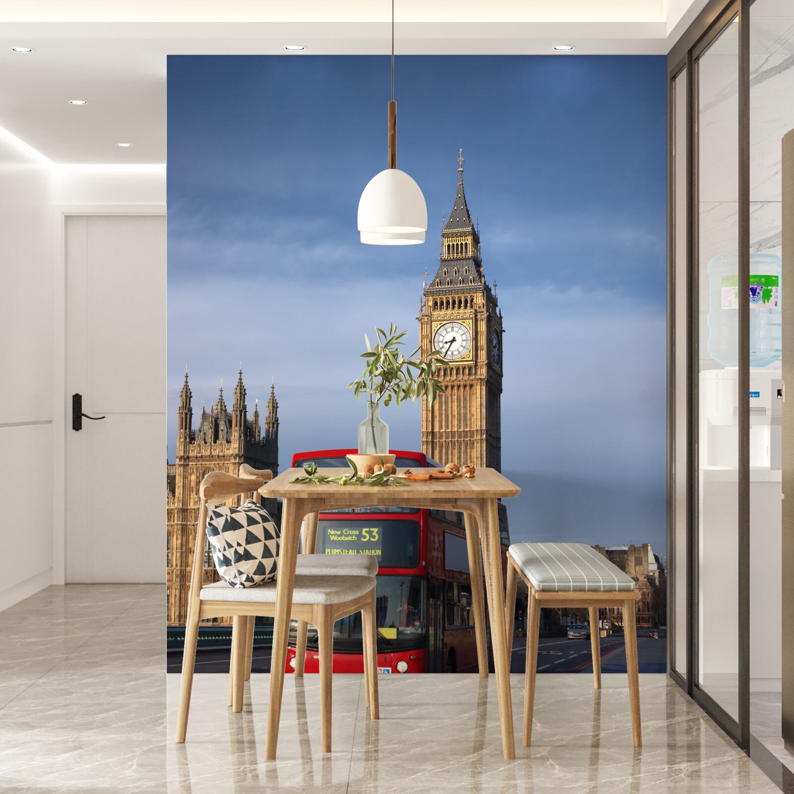 Papier peint un bus avec des passagers quitte Big Ben