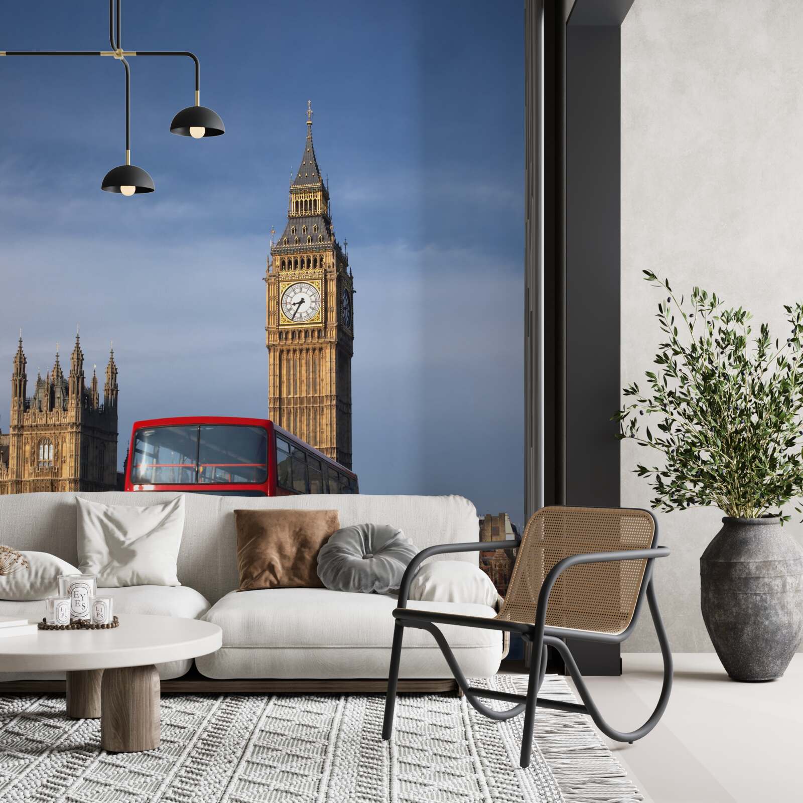 Papier peint un bus avec des passagers quitte Big Ben