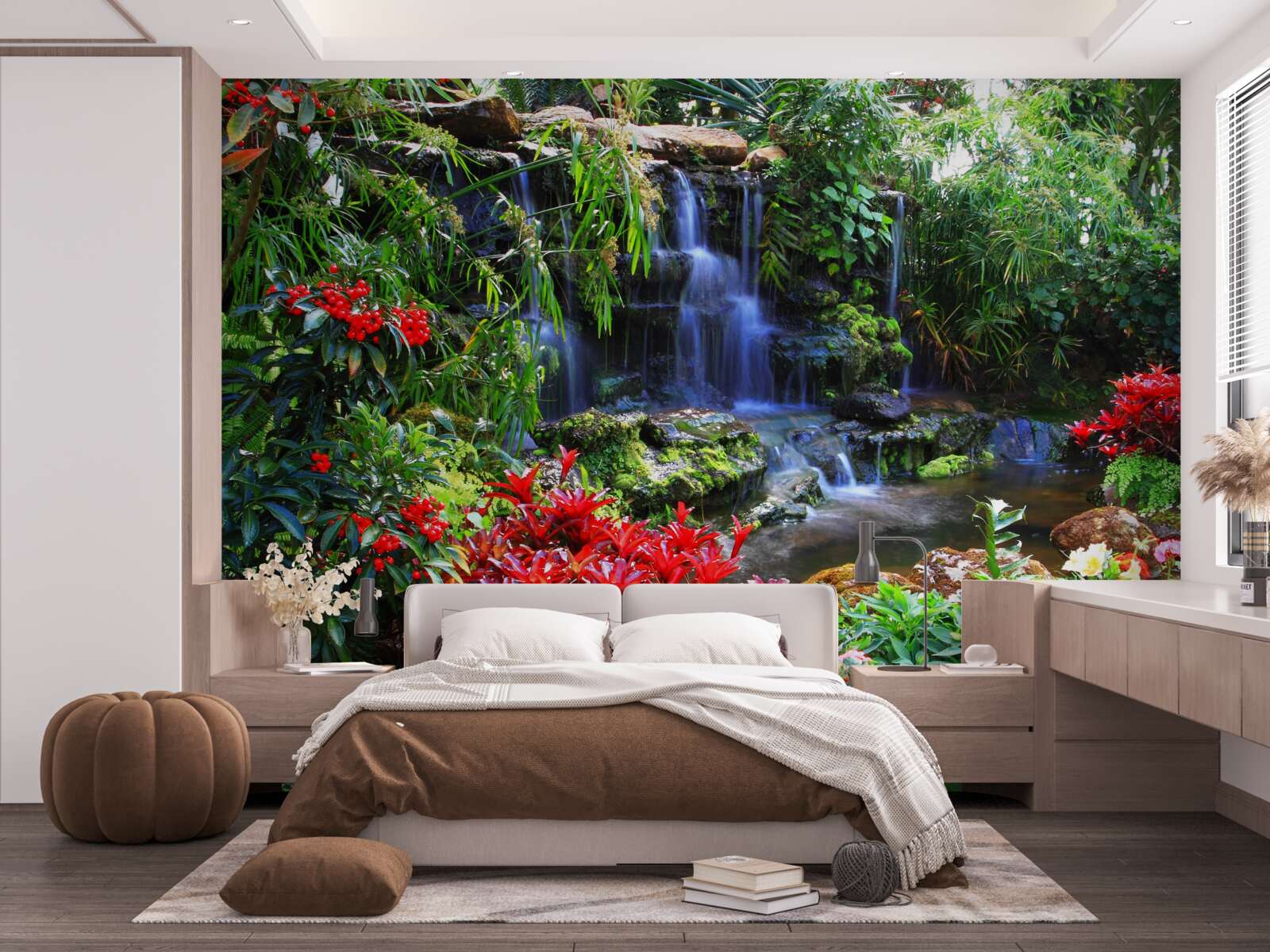 Papier peint un lieu magique près d'une cascade, entouré de fleurs
