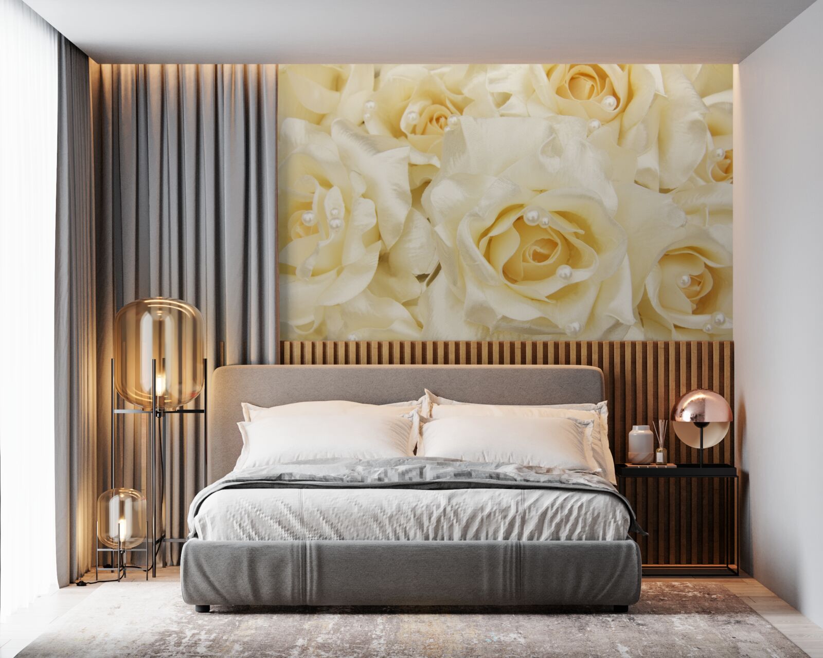 Papier peint composition de roses aux délicats pétales blancs et au cœur jaune