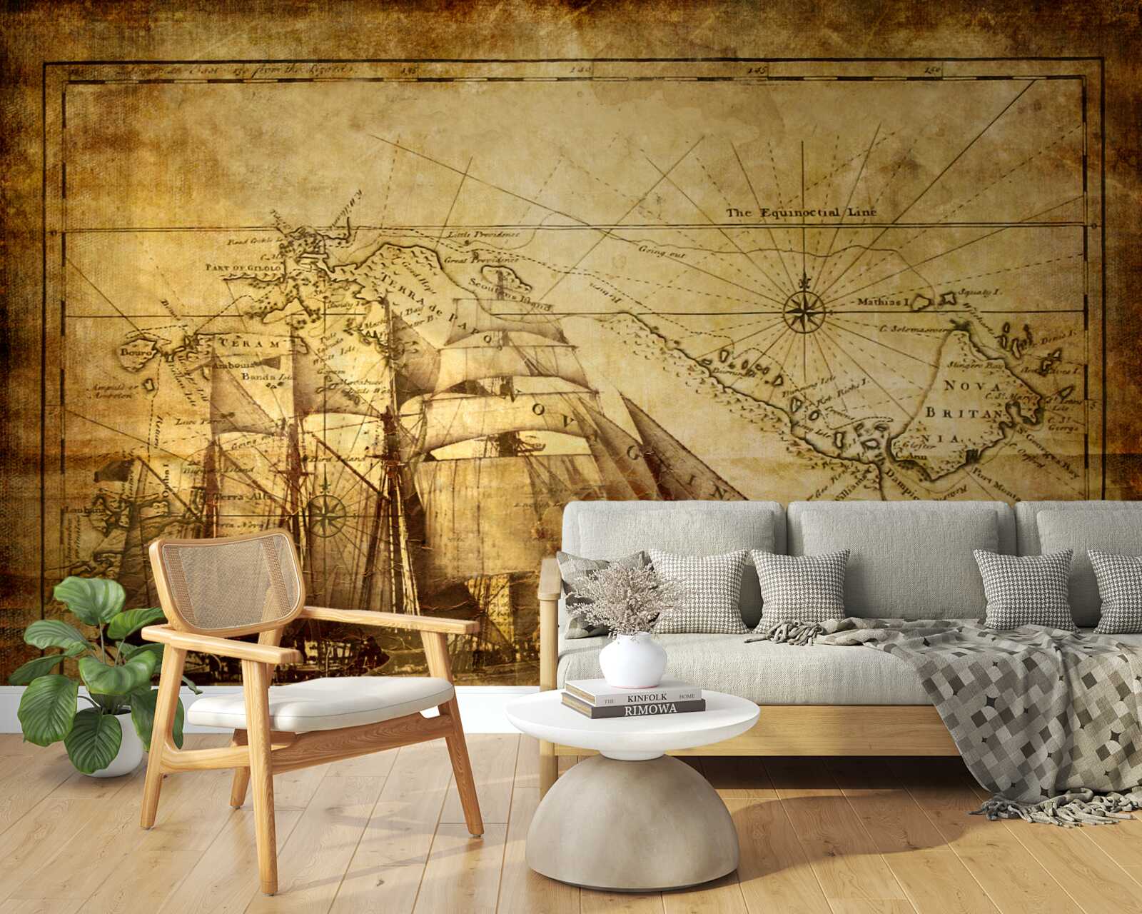 Papier peint navire ancien sous voile sur parchemin