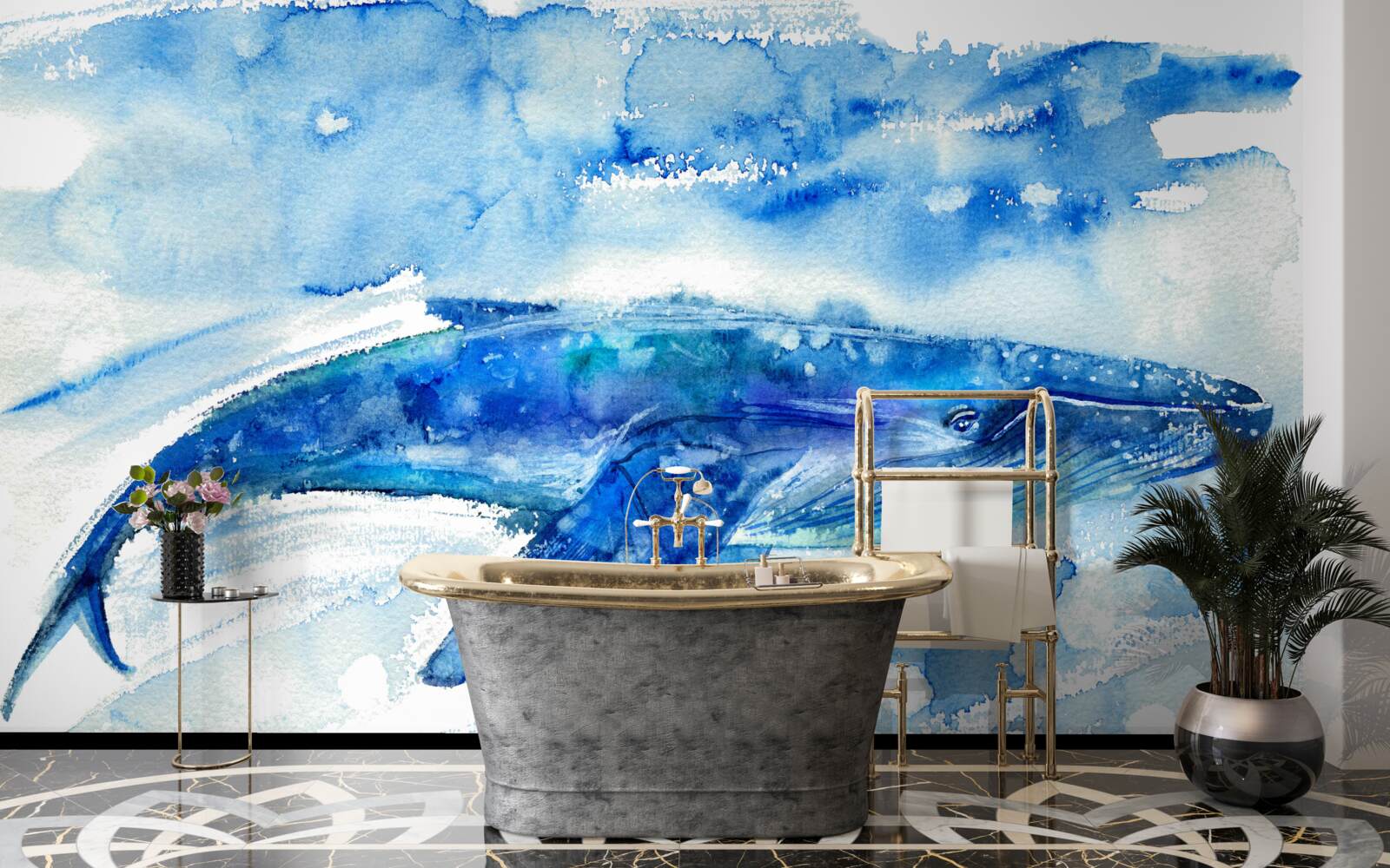 Papier peint aquarelle représentant une baleine bleue