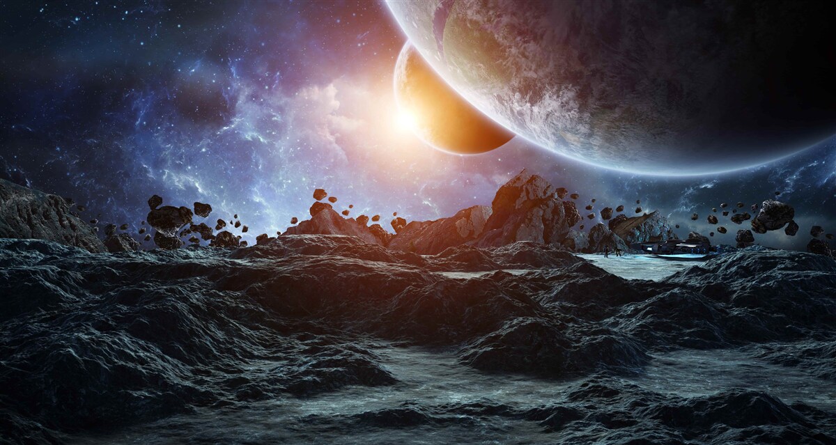 Papier peint un monde futur avec des planètes spatiales