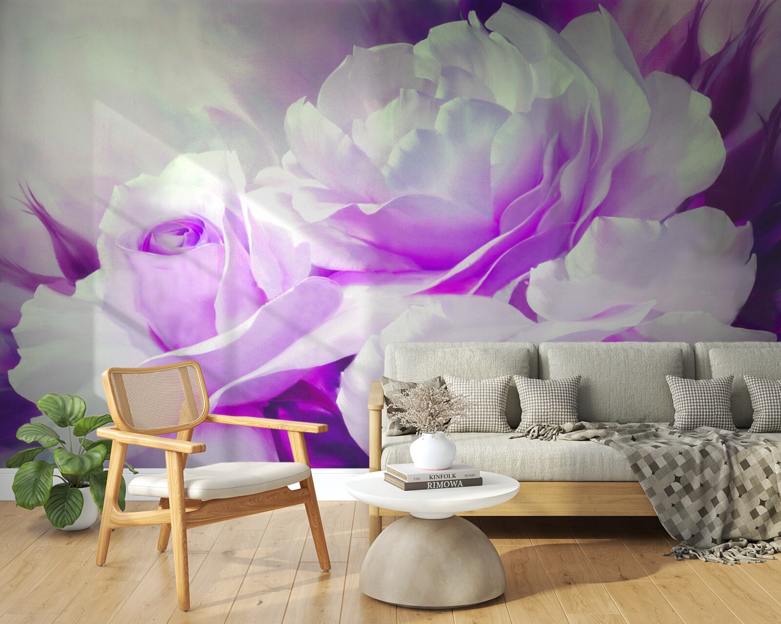 Papier peint Les fleurs sont blanches avec des nuances de lilas et des éclats de couleur.