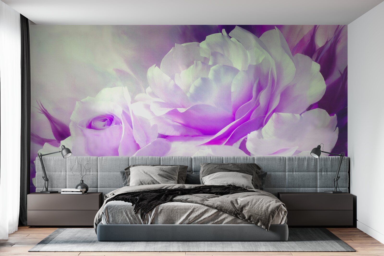 Papier peint Les fleurs sont blanches avec des nuances de lilas et des éclats de couleur.