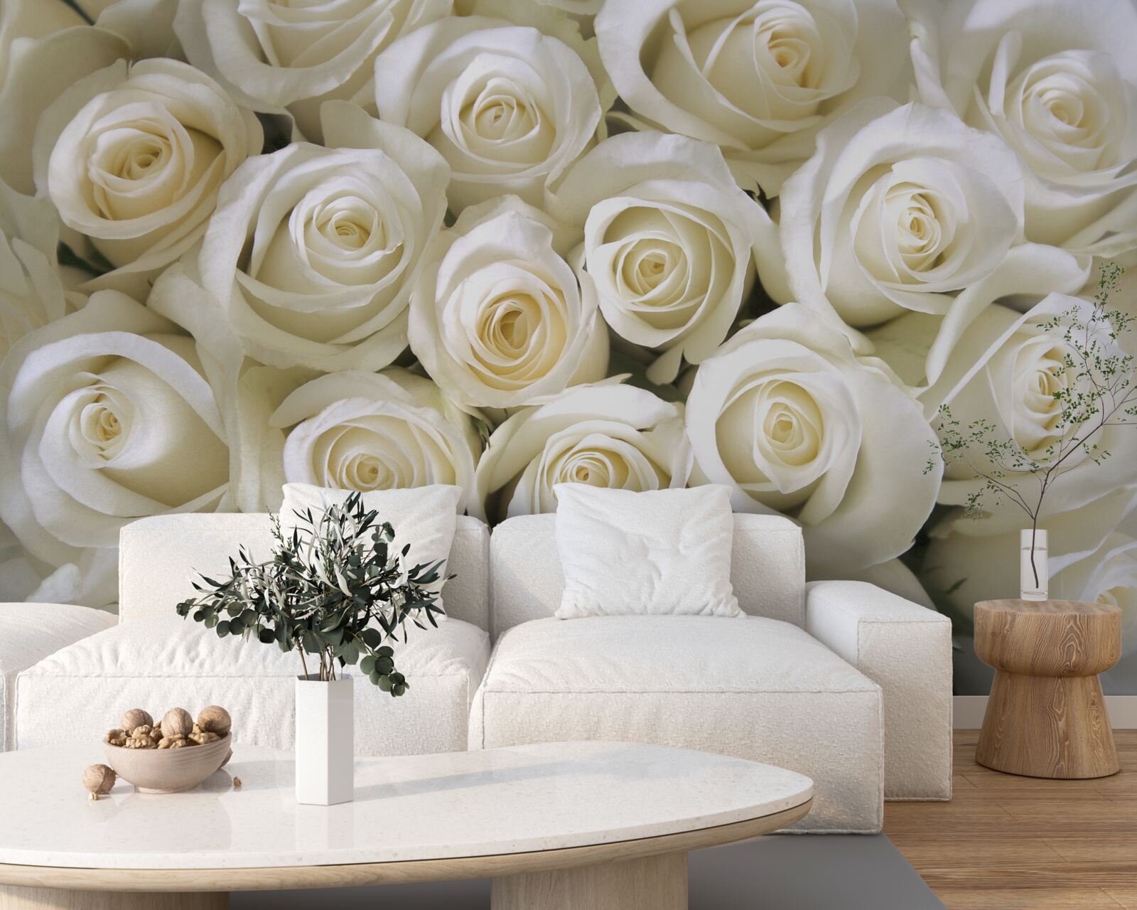 Papier peint bouquet rempli de nombreuses roses blanches délicates