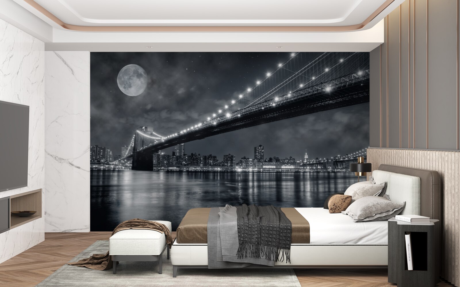 Papier peint nuit et pont de manhattan illuminé