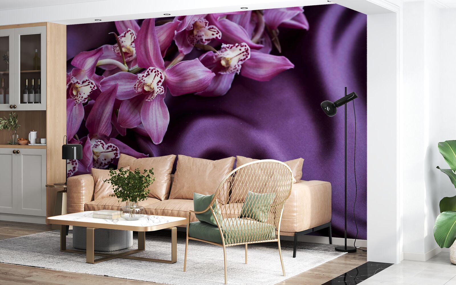 Papier peint gracieuses fleurs de lavande sur soie violette