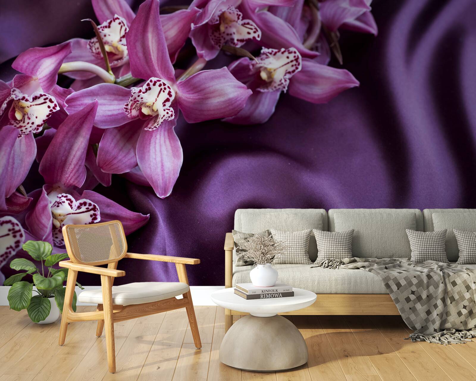 Papier peint gracieuses fleurs de lavande sur soie violette