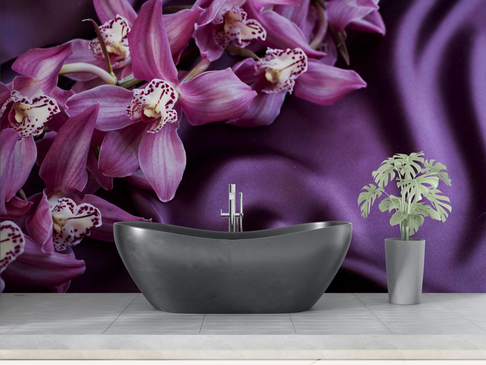 Papier peint gracieuses fleurs de lavande sur soie violette