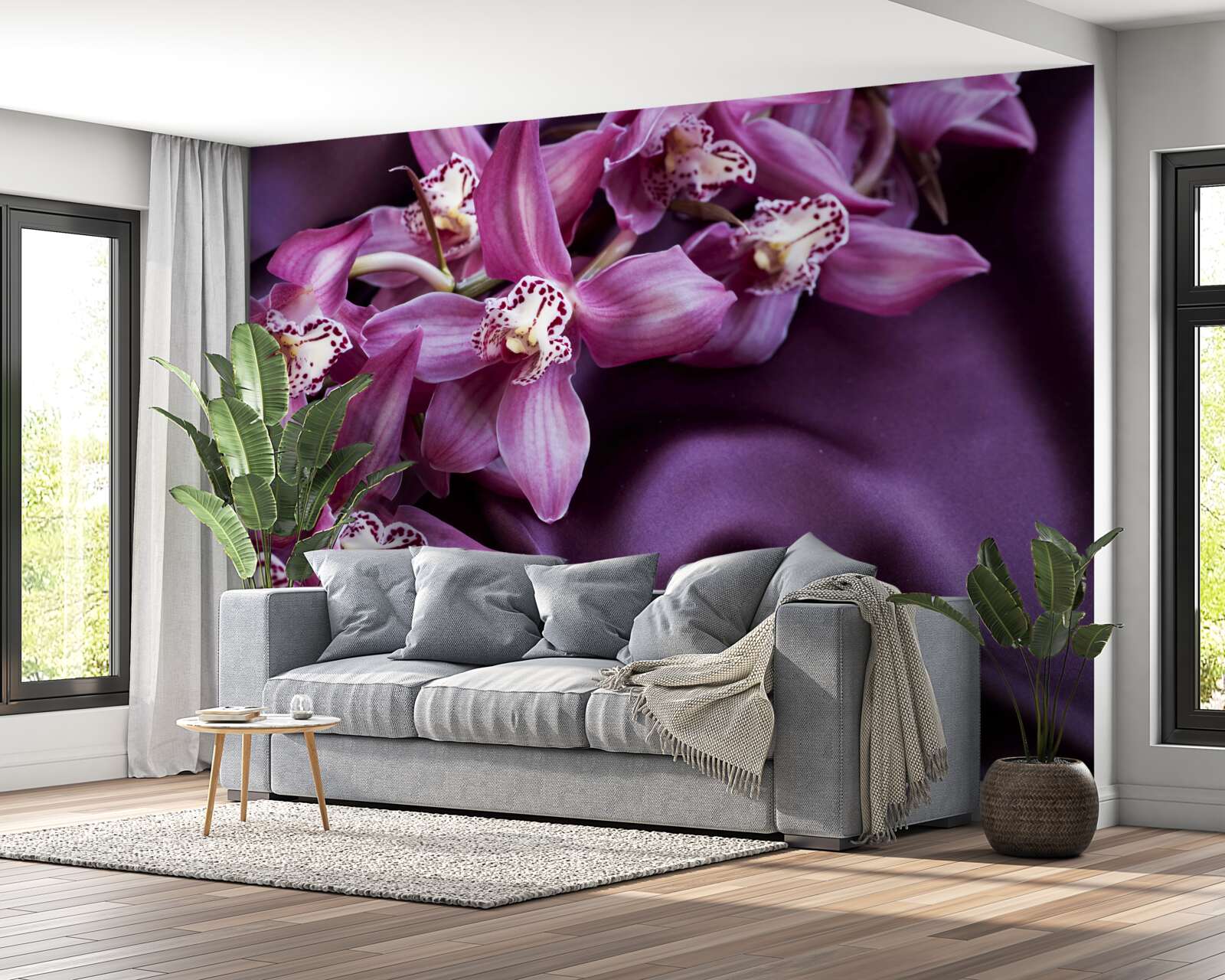 Papier peint gracieuses fleurs de lavande sur soie violette