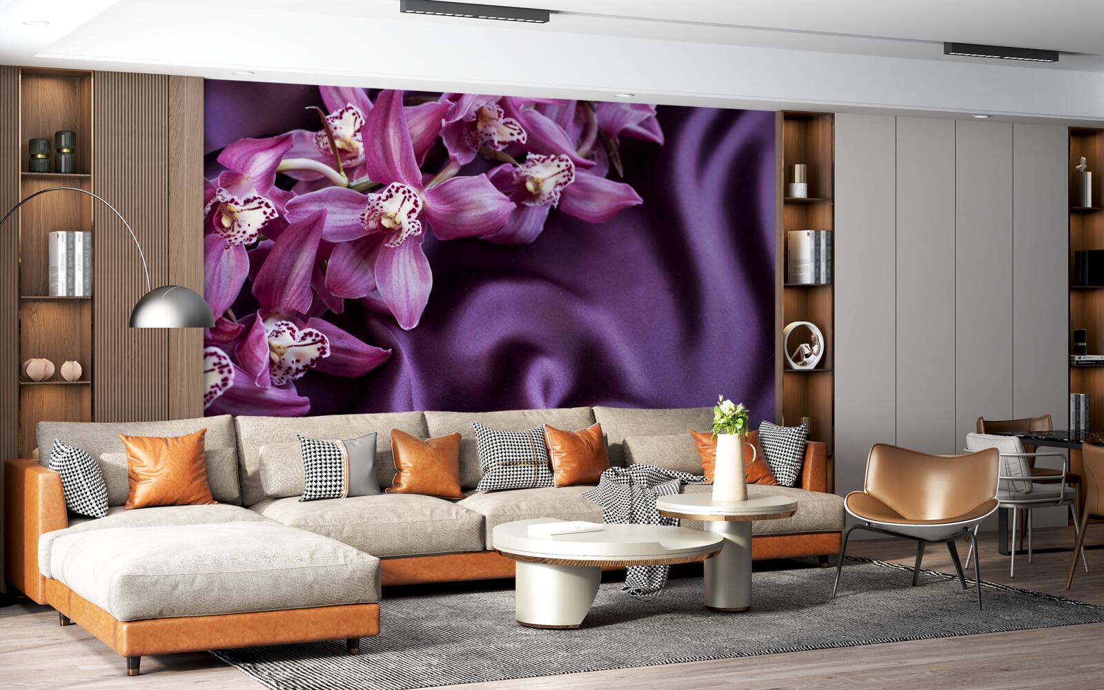 Papier peint gracieuses fleurs de lavande sur soie violette
