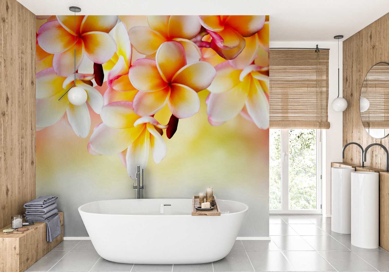 Papier peint des fleurs blanches et orange sont suspendues au-dessus de la surface de l'eau