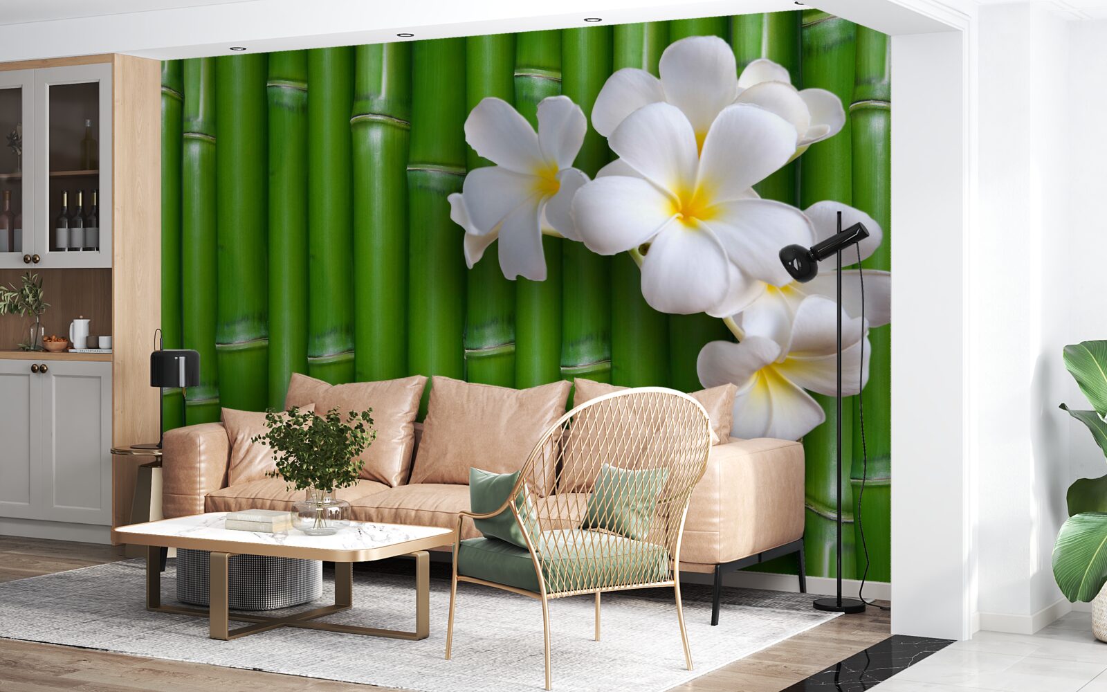 Papier peint fleurs lumineuses sur un grand bambou vert