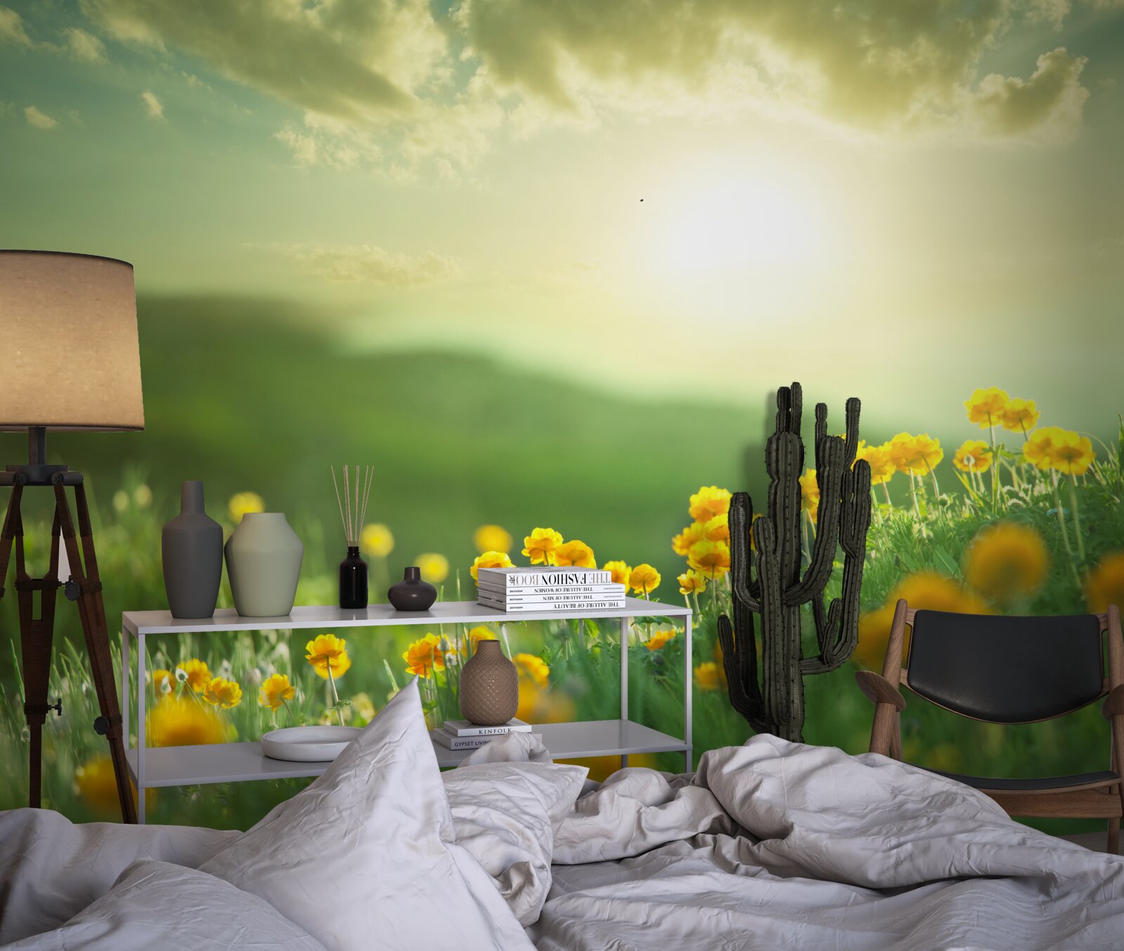 Papier peint dans une prairie, des pissenlits dorés observent le lever du soleil