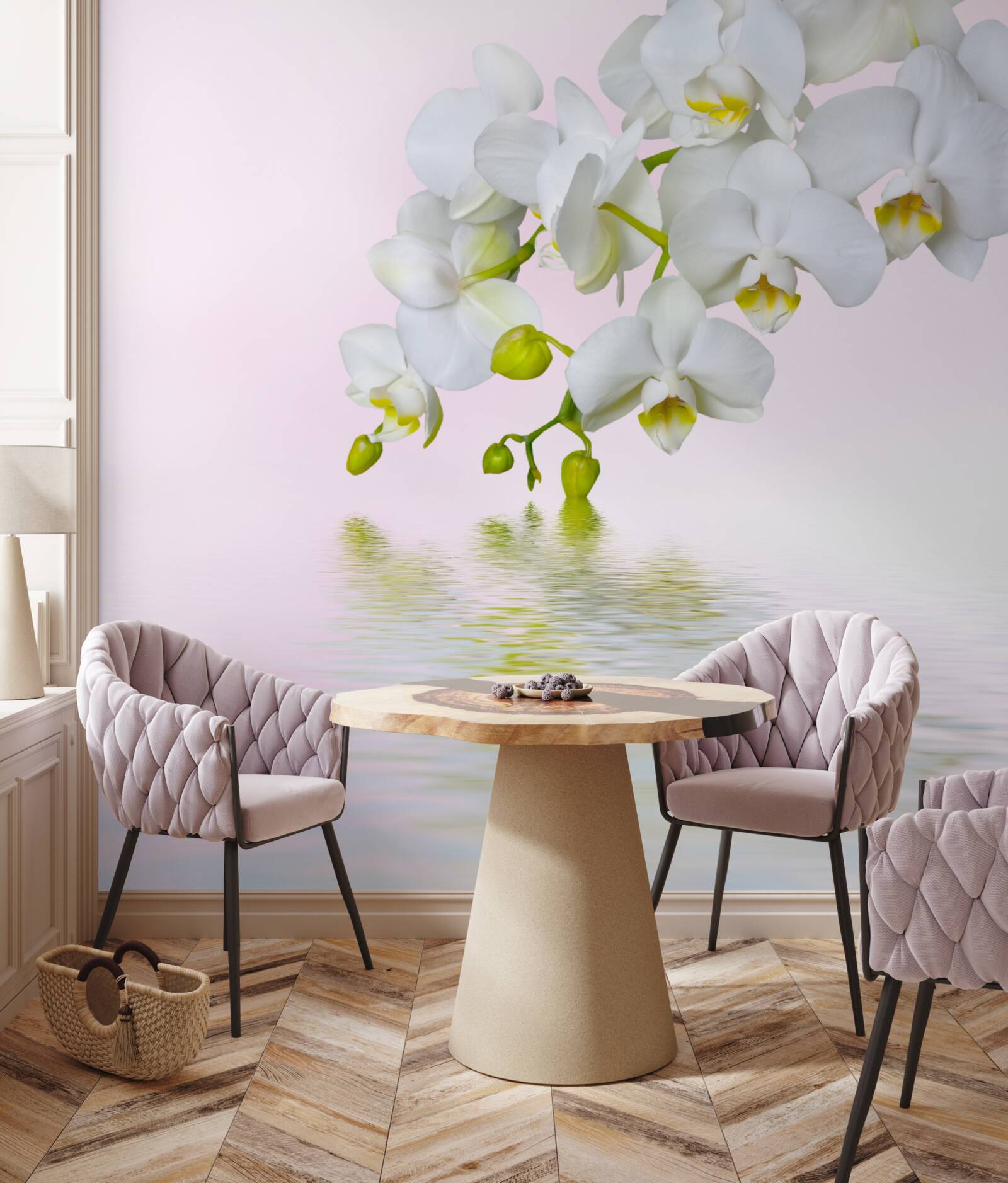 Papier peint orchidée blanche avec fleurs et bourgeons près de l'eau