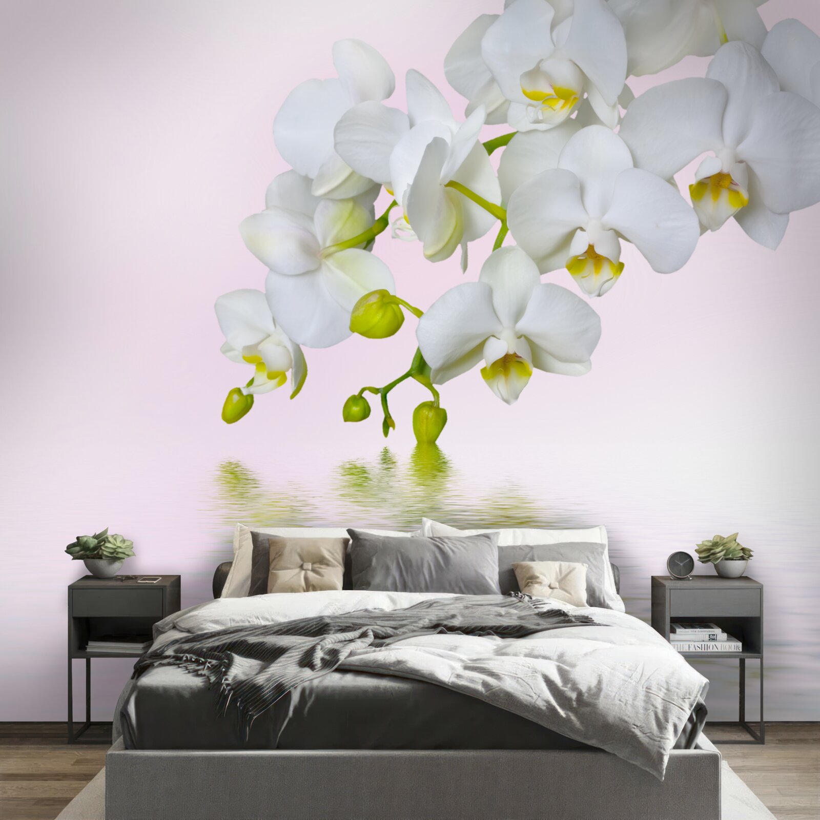 Papier peint orchidée blanche avec fleurs et bourgeons près de l'eau