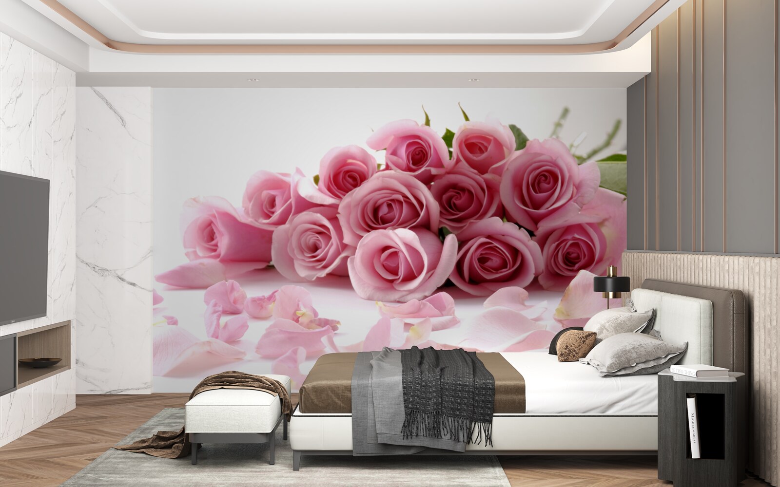 Papier peint roses roses délicates avec des pétales près de la surface de l'eau