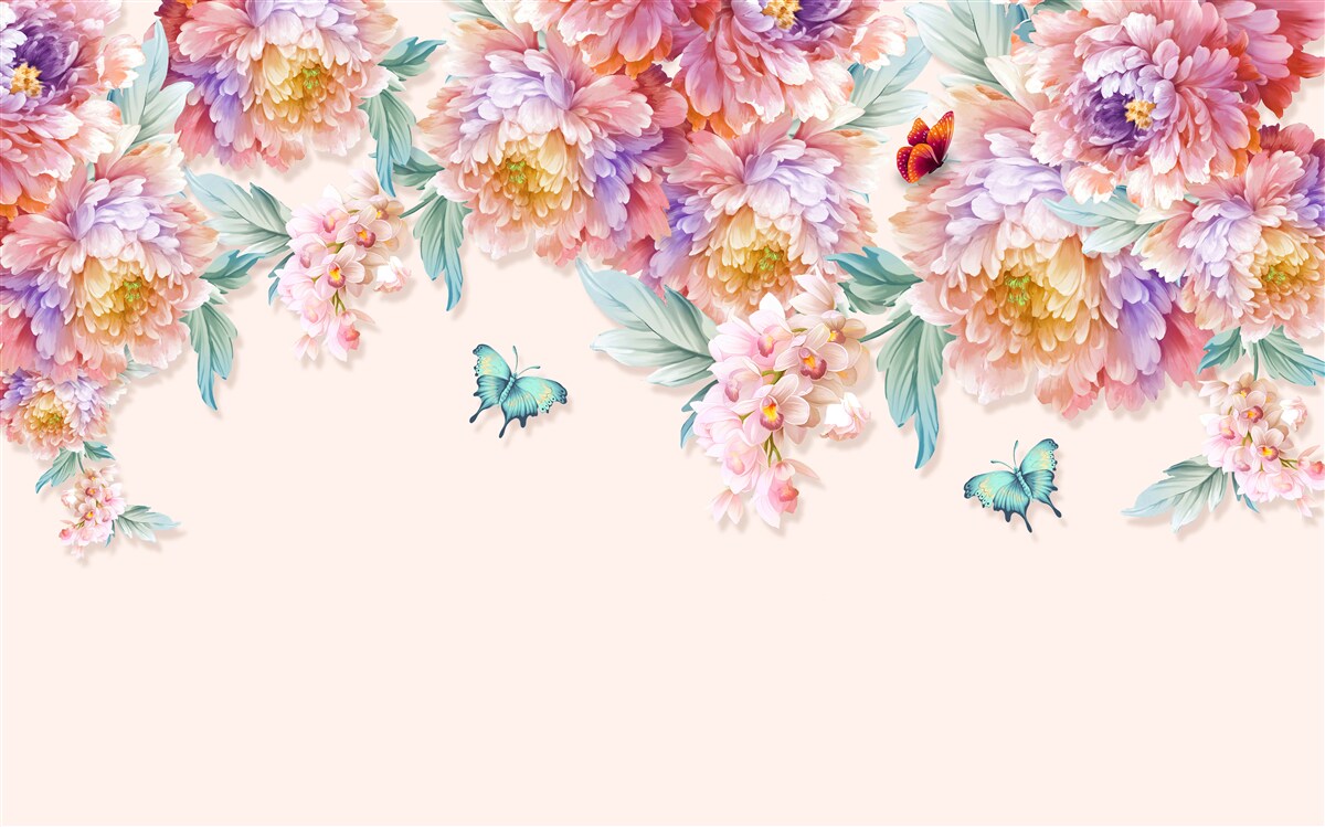 Papier peint des fleurs de toutes les nuances et des papillons en chute libre