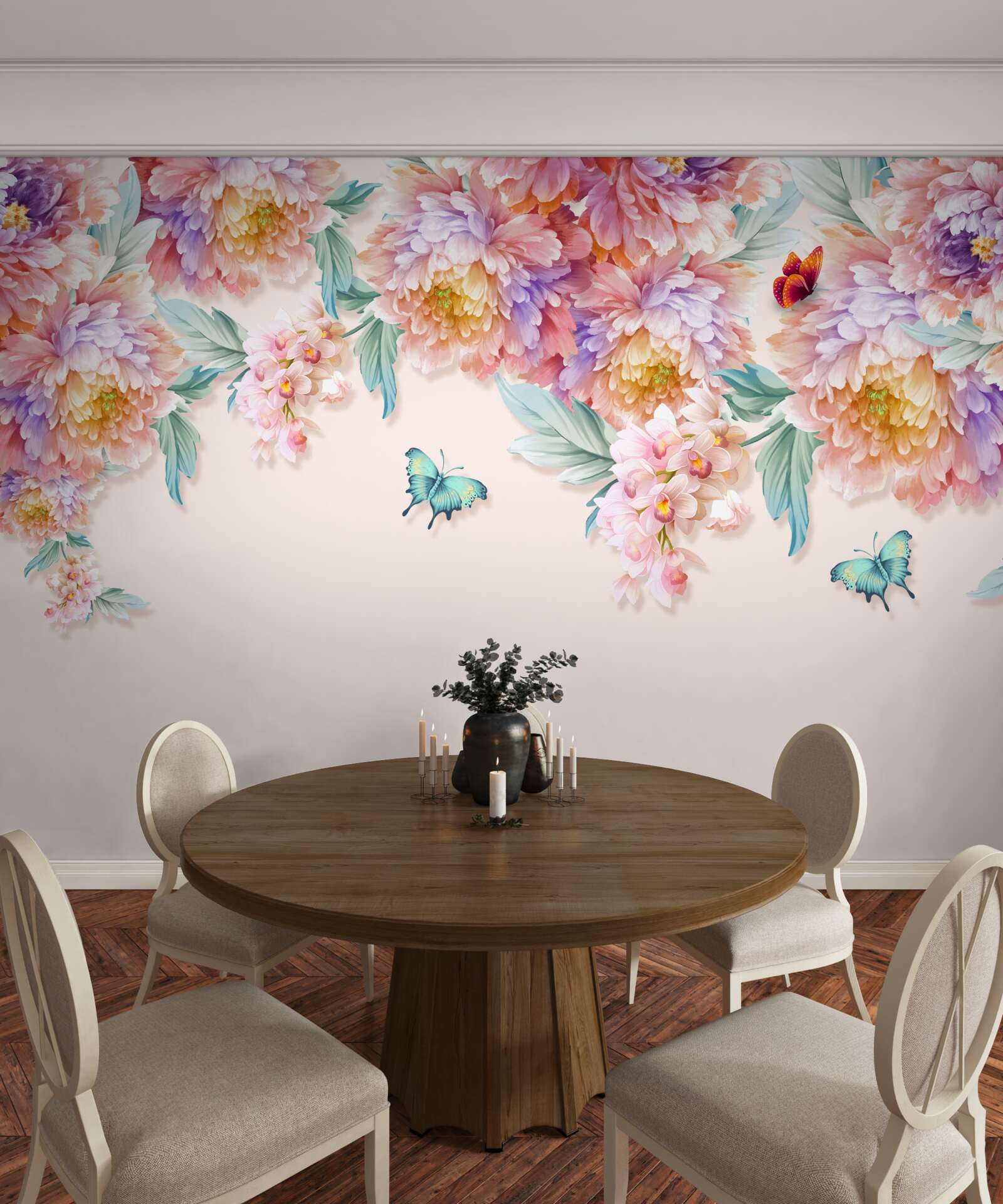 Papier peint des fleurs de toutes les nuances et des papillons en chute libre