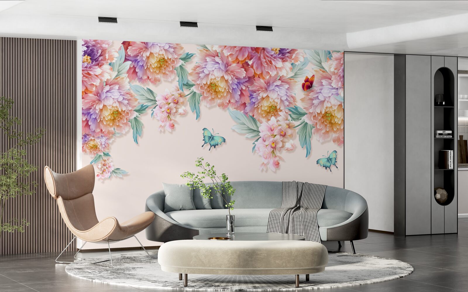 Papier peint des fleurs de toutes les nuances et des papillons en chute libre