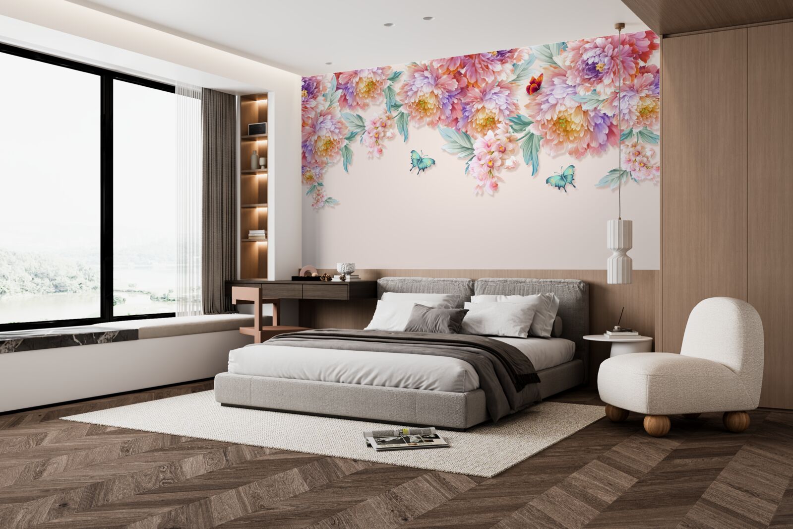 Papier peint des fleurs de toutes les nuances et des papillons en chute libre