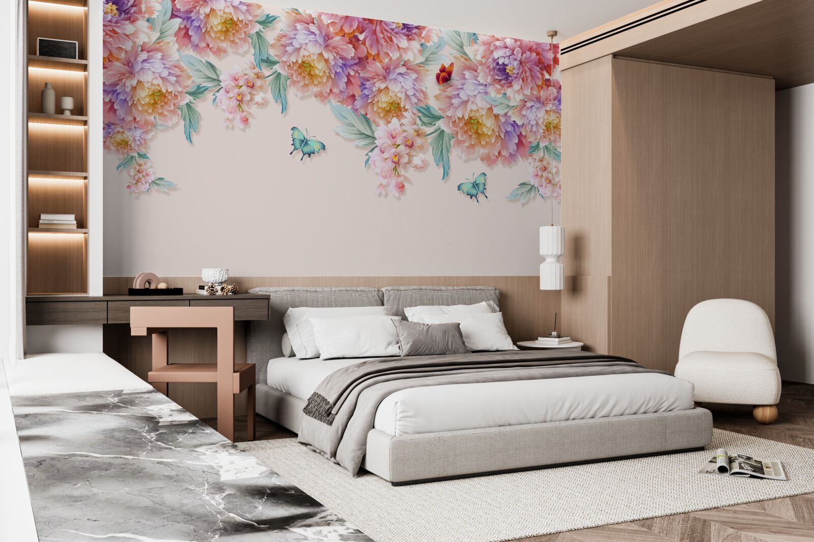 Papier peint des fleurs de toutes les nuances et des papillons en chute libre
