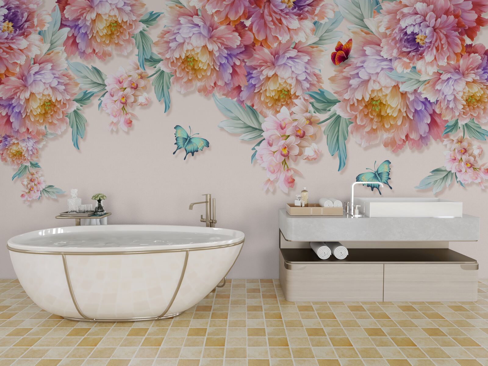 Papier peint des fleurs de toutes les nuances et des papillons en chute libre