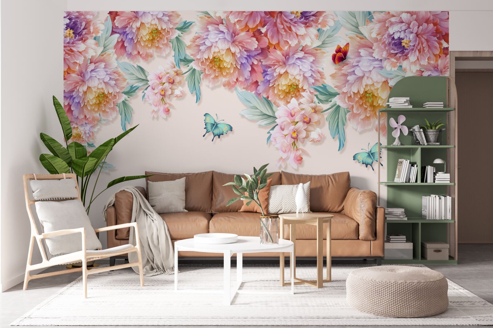 Papier peint des fleurs de toutes les nuances et des papillons en chute libre